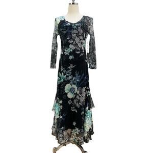 Komarov Sheer Pleated Long Sleeve Tiered Dress Watercolor Floral Green Black